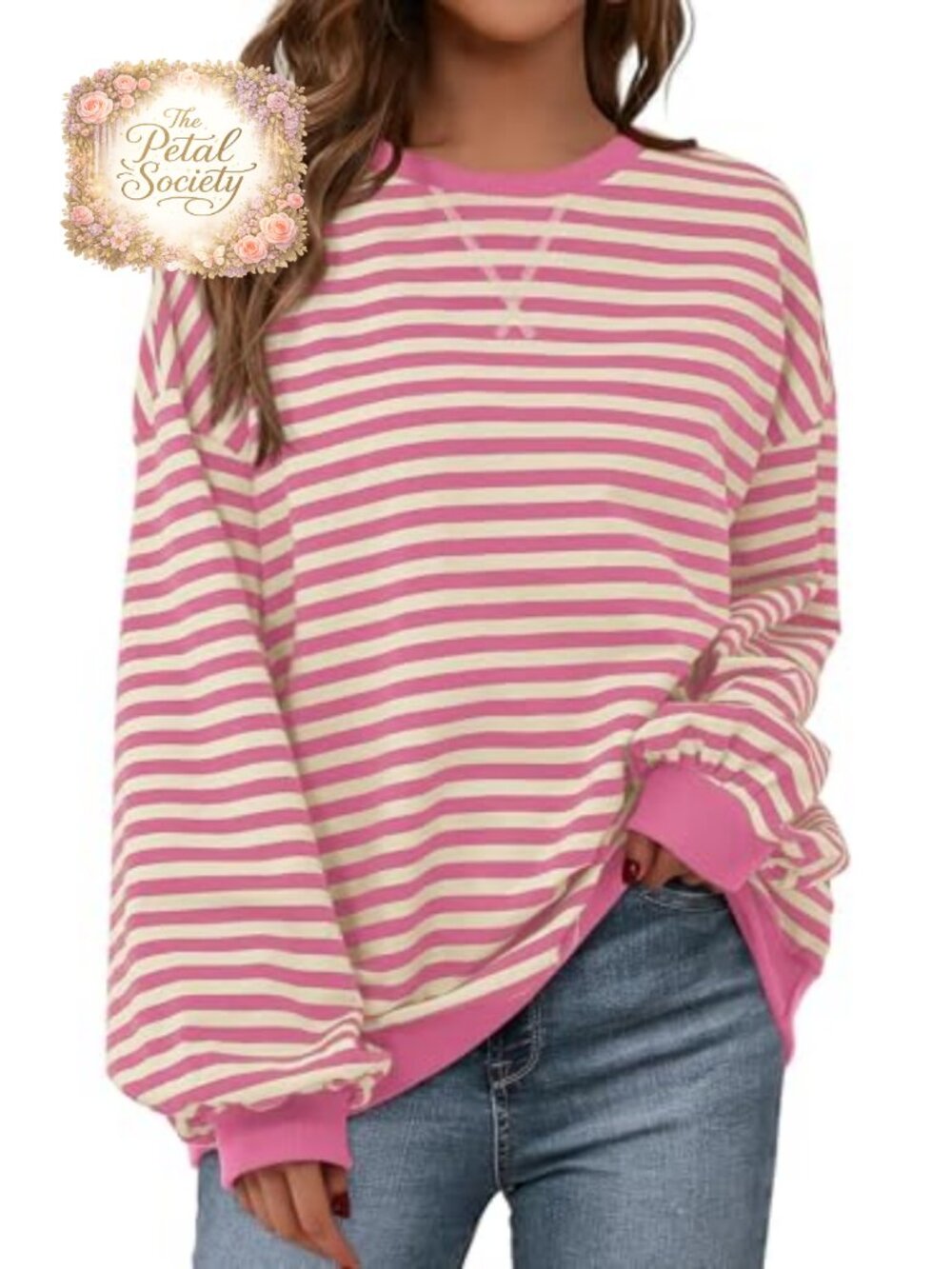 Womens Striped Oversized Sweatshirt Cotton Blend Crewneck Pullover